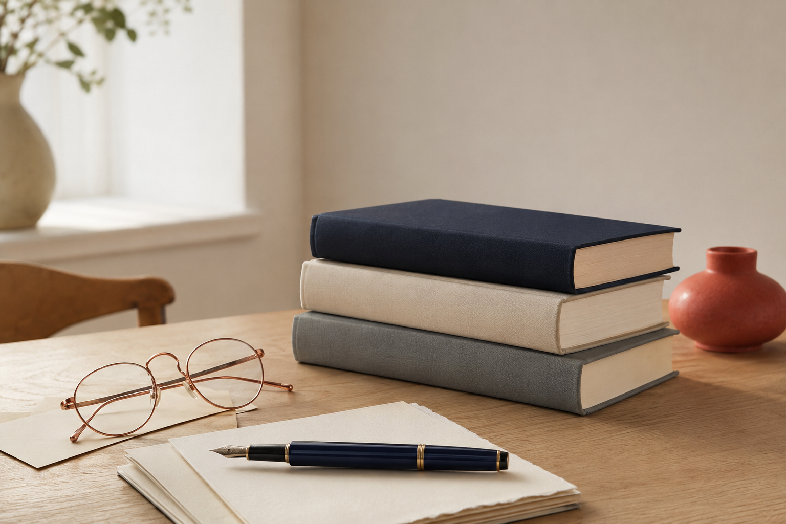 Books, reading glasses, and writing paper on a literary desk