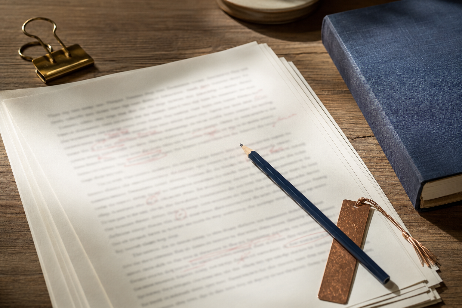 Manuscript pages, a pencil, and a clothbound book on an editor’s desk