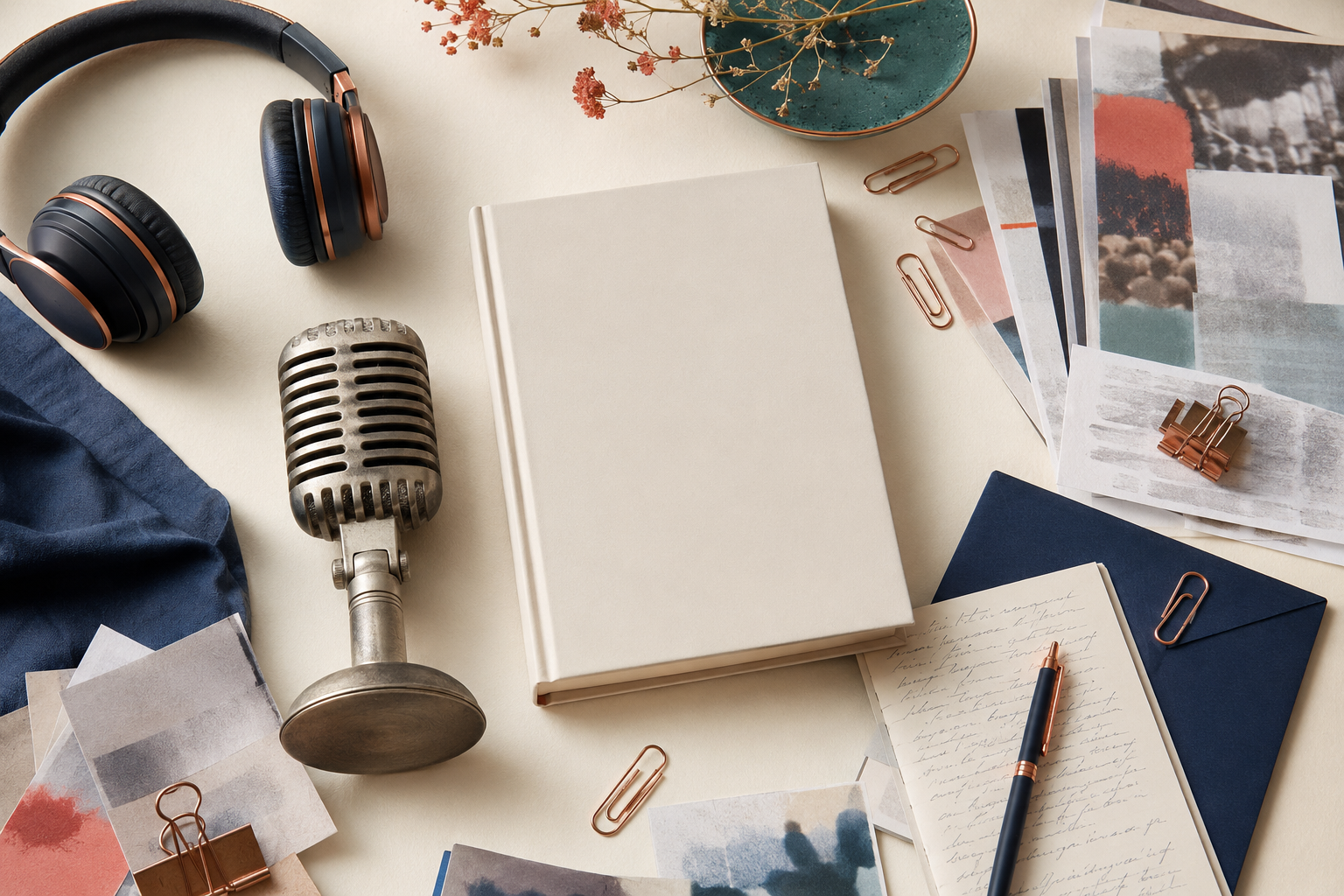 A book, microphone, headphones, and press materials arranged for a publicity campaign